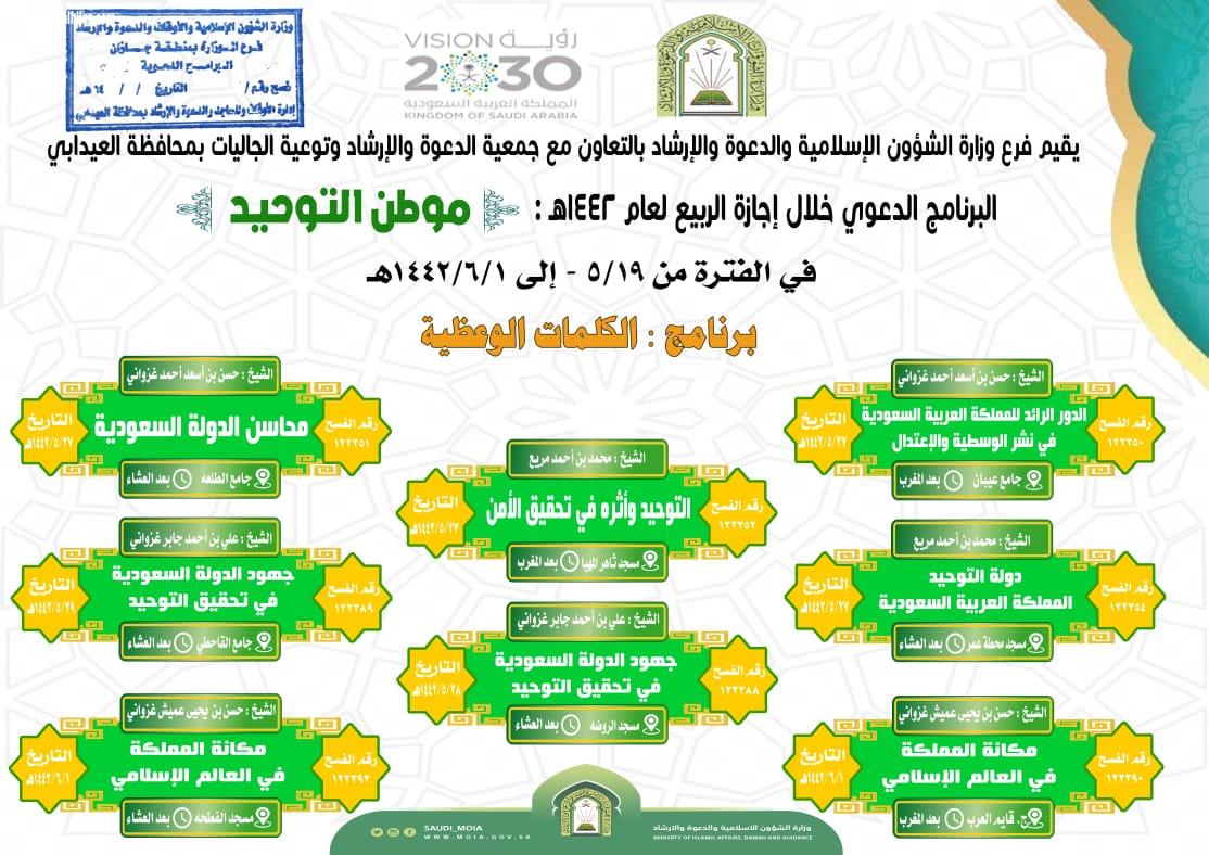 إسلامية جازان تُنفذ كلمات وعظية ومحاضرات ضمن برنامجها  الأسرة والإجازة   المصاحب لإجازة الربيع بالعيدابي