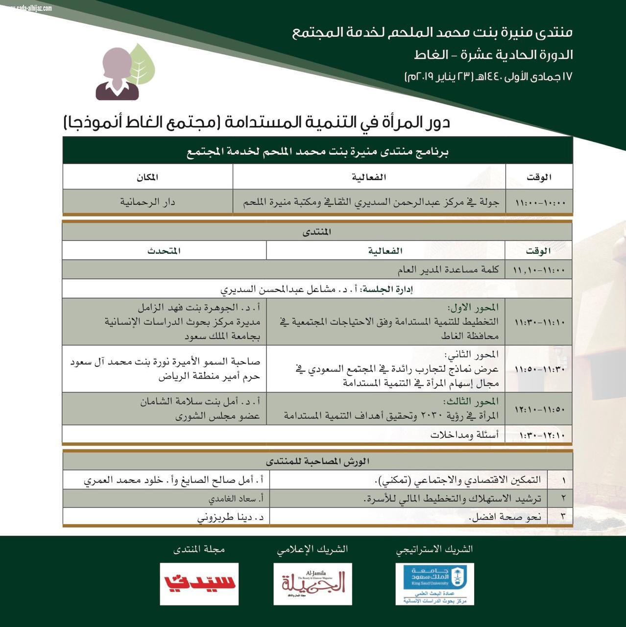 برعاية صاحبة السمو الأميرة نورة بنت محمد آل سعود حرم أمير منطقة الرياض انطلاق فعاليات منتدى منيرة الملحم لخدمة المجتمع بالغاط: