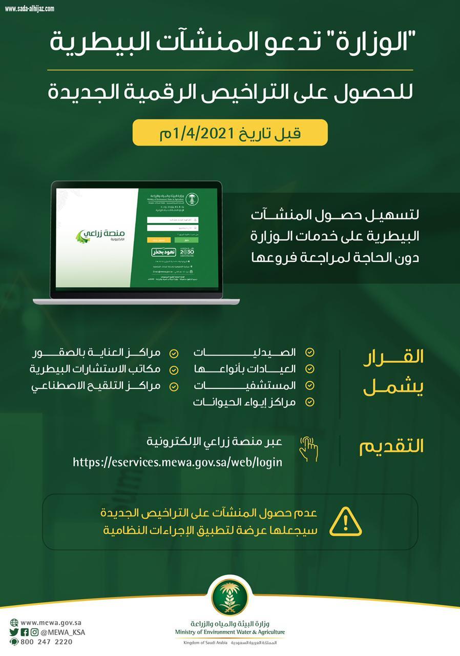 البيئة تدعو المنشآت البيطرية للحصول على التراخيص الرقمية الجديدة