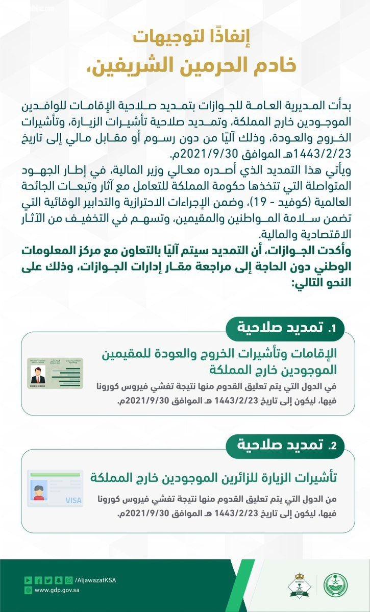 انفاذا لتوجيهات خادم الحرمين الشريفين . تمديد الإقامة و«الخروج والعودة» و«الزيارة» آلياً دون مقابل في الدول المُعلّق القدوم منها