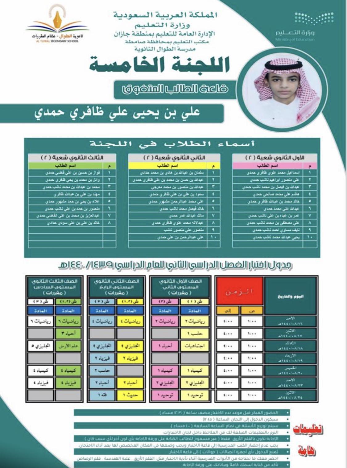 ثانوية الطوال تميز لجانها بأسماء طلابها المتفوقين