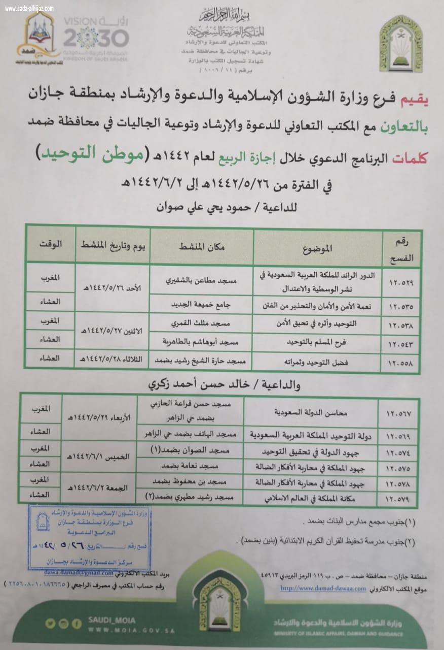 إسلامية جازان تواصل تنفيذ محاضرات برنامج  الأسرة والإجازة  في ضمد 