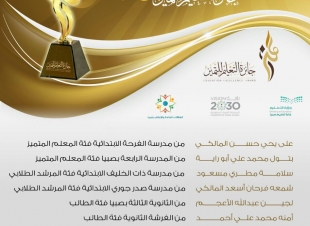 تتويجا للعمل الجاد والدؤوب ومن خلال تحقيق 16 مركزاً إدارة تعليم صبيا مكرمةً ضمن جائزة التعليم للتميز