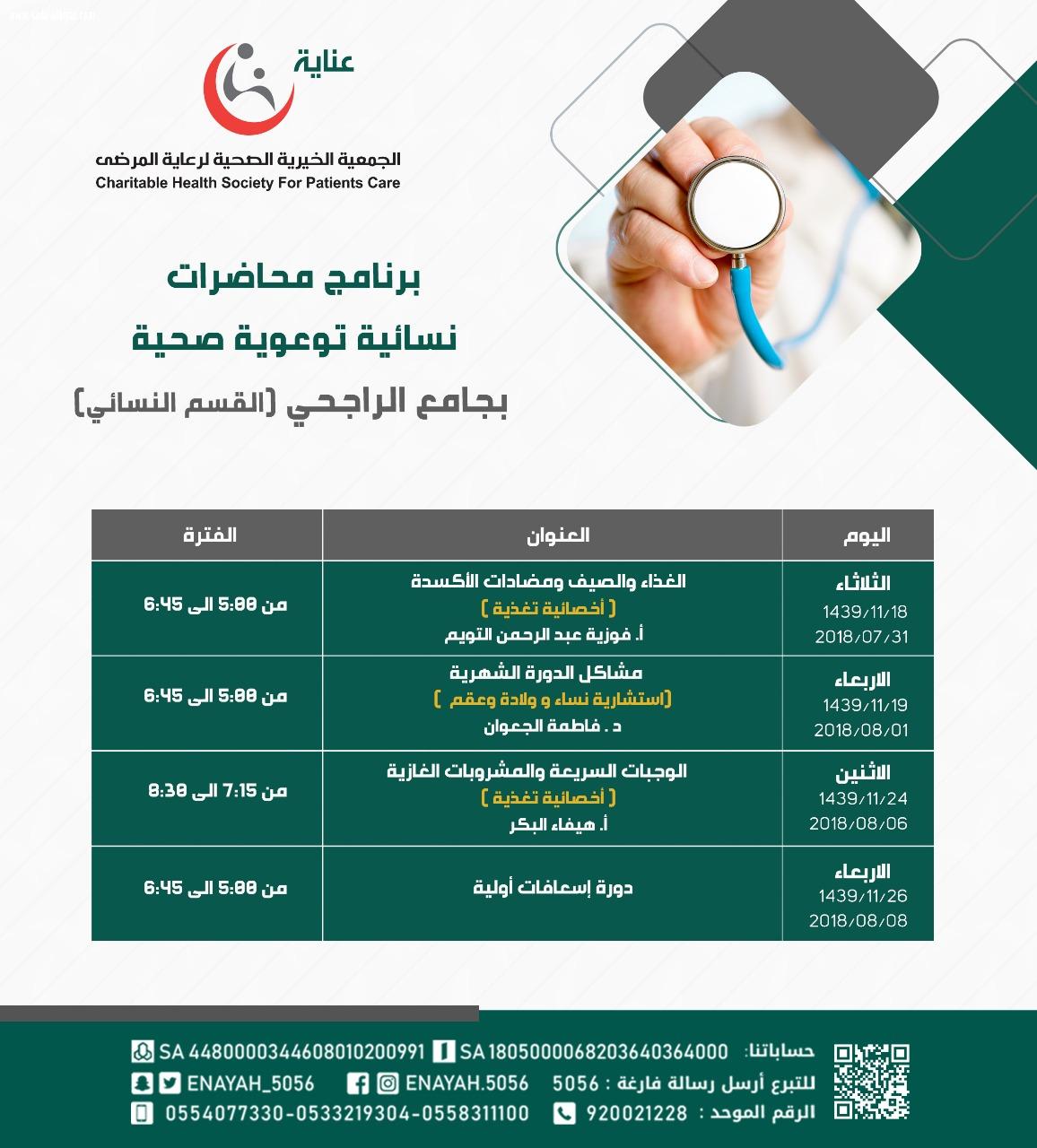 جمعية عناية تقدم مجموعة من المحاضرات التوعوية والصحية والغذاءوالصيف ومضادات الأكسدة من أولى محاضراتها 